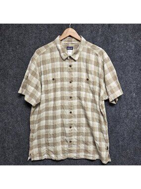 Patagonia Shirt Mens XL Brown Plaid Hemp Cotton Blend Lightweight Button Up
